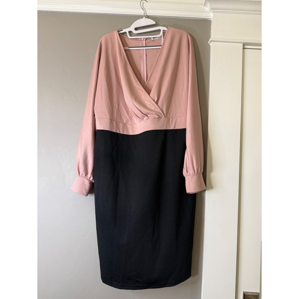 Grace Karin Women XL Pink Black Colorblock V-Neck Long Sleeve Sheath Dress NWT